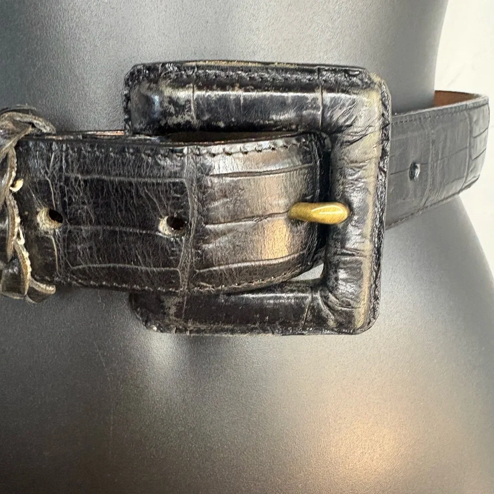 Brighton vintage black Croc-Embossed Leather Belt with Braided Accent sz S 34”